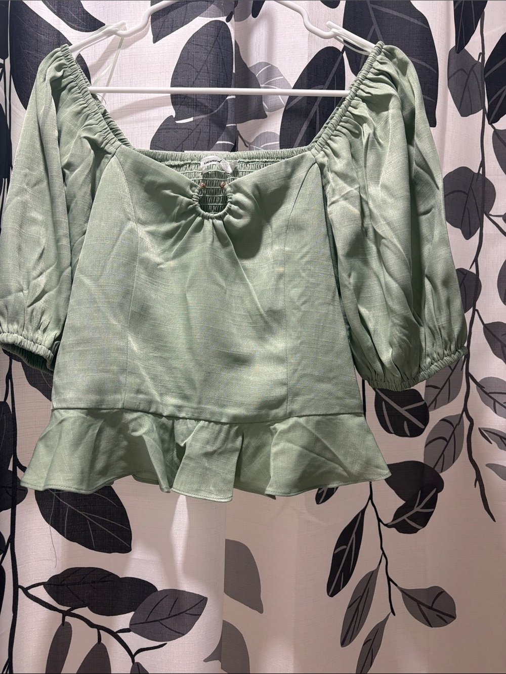 Soft Sage Puff-Sleeve Peplum Top - Sage